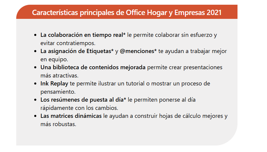 Características principales de Office Hogar y Empresas 2021